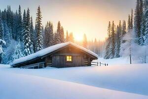 a cabin in the snow with trees and snow. AI-Generated photo