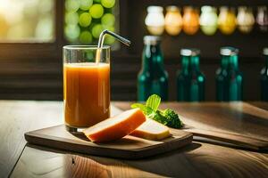 un vaso de naranja jugo con un rebanada de queso en un de madera mesa. generado por ai foto
