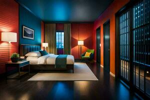 a hotel room with a bed, a lamp and a colorful wall. AI-Generated photo