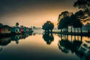 a river with houses on it at sunrise. AI-Generated photo