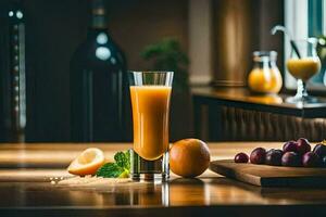 a glass of orange juice sits on a table next to grapes and oranges. AI-Generated photo