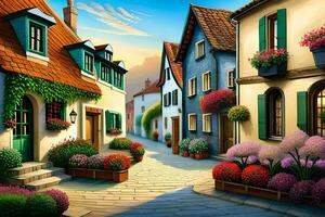 an illustration of a street with flowers and houses. AI-Generated photo