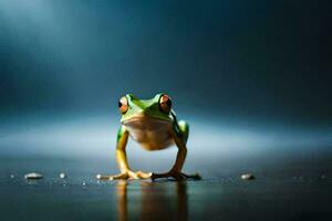 a frog standing on a dark floor. AI-Generated photo