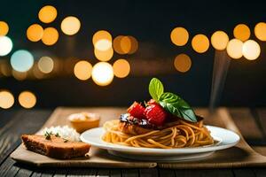 spaghetti with meat and berries on a plate. AI-Generated photo