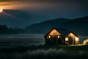 a small wooden house sits in the middle of a field with a full moon. AI-Generated photo