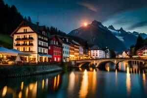 photo wallpaper the sky, mountains, river, bridge, town, night, moon, moonlight. AI-Generated