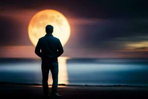 un hombre en pie en el playa mirando a el lleno Luna. generado por ai foto