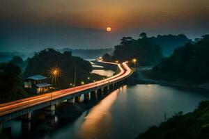 a bridge over a river at sunset with traffic on it. AI-Generated photo