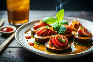 a plate of food with tomatoes and basil. AI-Generated photo