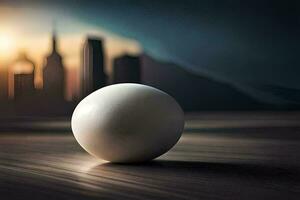 a white ball sits on a table in front of a city. AI-Generated photo