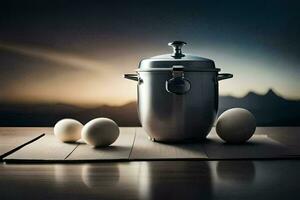 a stainless steel pot and eggs on a table. AI-Generated photo