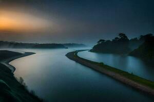 a river at sunrise with a foggy sky. AI-Generated photo