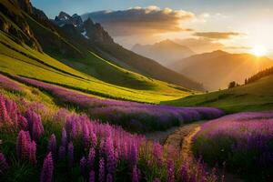 the sun rises over the mountains and the purple flowers bloom in the valley. AI-Generated photo