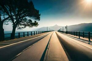 un largo puente con un la carretera yendo terminado él. generado por ai foto