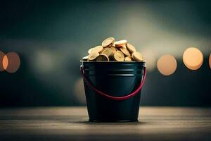 a bucket filled with coins on a table. AI-Generated photo