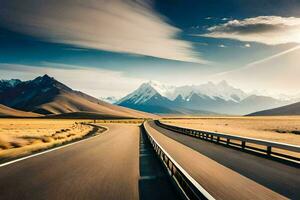 a road in the middle of a desert with mountains in the background. AI-Generated photo