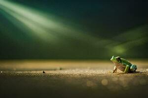 a frog sitting on the ground in front of a bright light. AI-Generated photo