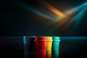 colorful plastic buckets on a dark background. AI-Generated photo