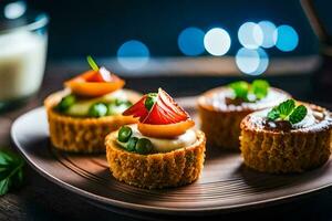 small desserts on a plate with milk. AI-Generated photo