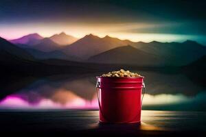 a red bucket of popcorn on a table in front of a lake with mountains in the background. AI-Generated photo