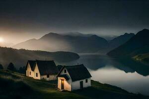 two houses sit on the edge of a lake in the mountains. AI-Generated photo