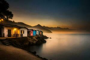 foto fondo de pantalla el cielo, agua, montañas, el mar, el playa, el mar, el. generado por ai