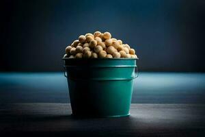 a bucket filled with peanuts on a dark table. AI-Generated photo