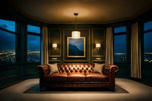 a leather couch in a room with a view of the city. AI-Generated photo