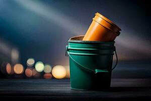 two buckets on a wooden table with a blurry background. AI-Generated photo