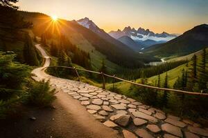 the sun rises over a mountain path in the mountains. AI-Generated photo