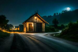 un pequeño casa se sienta en el lado de un la carretera a noche. generado por ai foto