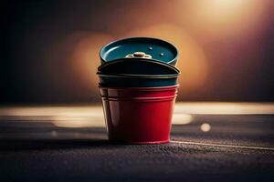 a red and black bucket sitting on a table. AI-Generated photo