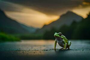 un rana sentado en el la carretera a puesta de sol. generado por ai foto