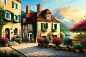 a painting of a street in a village with flowers and flowers. AI-Generated photo