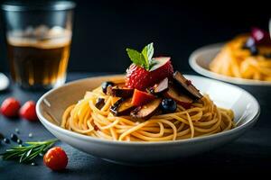 spaghetti with mushrooms and tomatoes in a bowl. AI-Generated photo