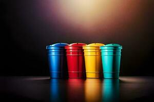 a row of colorful plastic cups on a dark background. AI-Generated photo