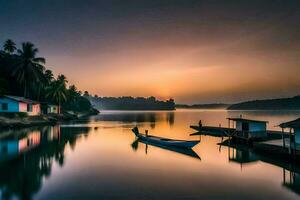 a boat is docked on the water at sunset. AI-Generated photo