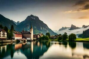 el Dom conjuntos terminado un lago y montañas en Suiza. generado por ai foto