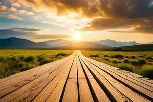 a wooden boardwalk leads to the sun in the distance. AI-Generated photo