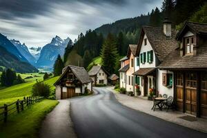 foto fondo de pantalla el cielo, montañas, camino, casas, árboles, montañas, camino, casas,. generado por ai