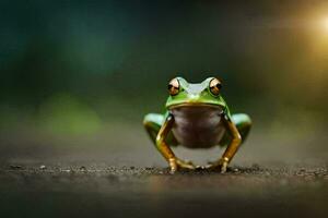 a frog is standing on the ground with the sun in the background. AI-Generated photo