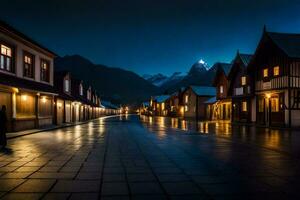 a street at night with buildings and mountains in the background. AI-Generated photo