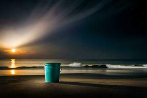 un Cubeta en el playa a noche. generado por ai foto