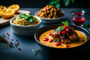 a bowl of soup with vegetables and a bowl of noodles. AI-Generated photo