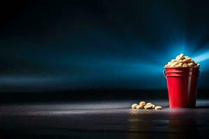 a bucket of popcorn on a dark table. AI-Generated photo