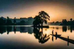 two people stand on a dock at sunset. AI-Generated photo