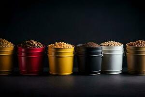 a row of different colored cans of beans. AI-Generated photo
