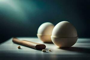 two eggs sit on a table with a wooden spoon. AI-Generated photo