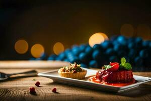 a plate with dessert and a spoon on a wooden table. AI-Generated photo