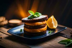 stack of french toast on a blue plate. AI-Generated photo